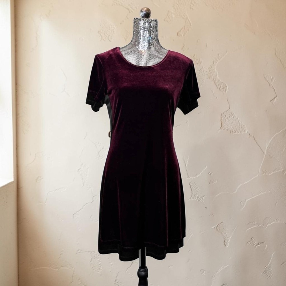 Vintage 90s Burgundy Velvet Mini Dress Goth Witchy Grunge Short Sleeve Small